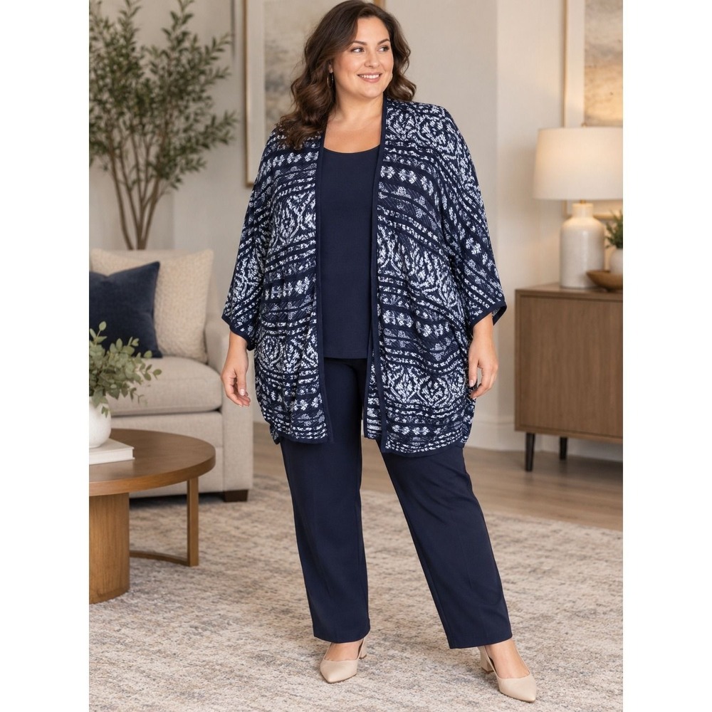49. Chicos Black White Geometric Jacquard Open Front Cardigan Kimono Wrap Size 3